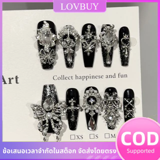 เล็บปลอมสีดำ 🖤 ลวดลายผีเสื้อ แบบยาว สติกเกอร์เล็บกดติดสำหรับฮาโลวีน ใช้ซ้ำได้ แถมกาว 🔥