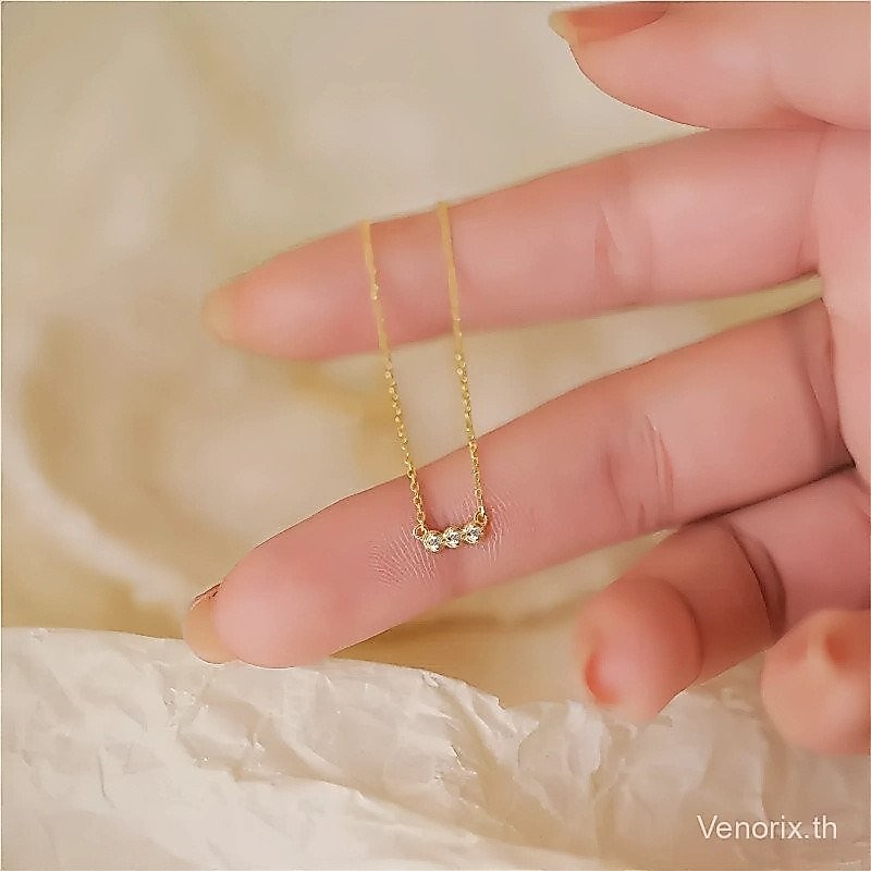 Venorix สร้อยคอเงินแท้ 925 เคลือบทอง14K เพชร3เม็ดเรียง เรียบหรู ปรับ40-45ซม. มีทอง/เงิน