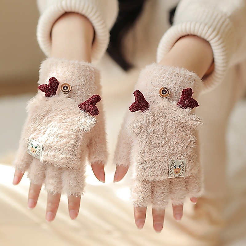 ถุงมือครึ่งนิ้ว ผ้าฝ้าย และผ้าวูล แบบหนา ให้ความอบอุ่น และป้องกันความหนาว ลายการ์ตูน แฟชั่นฤดูหนาว สําหรับผู้หญิง