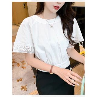 Red Berry เสื้อแขนสั้นผู้หญิง แต่งโบว์ผูกเอว ช่วยเน้นสัดส่วน แต่งลูกไม้ฉลุลายค่ะ W731
