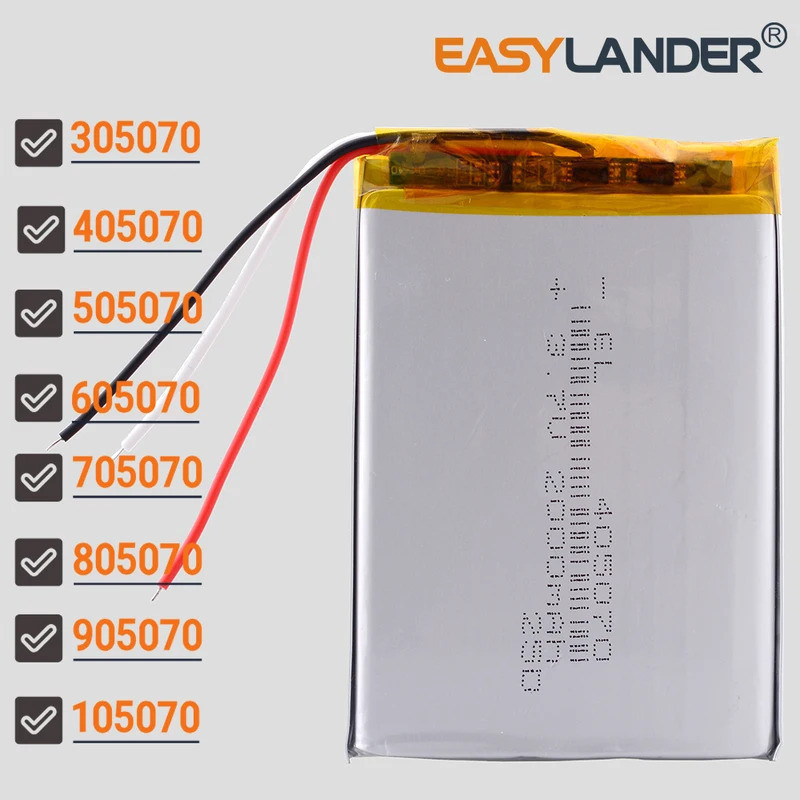 3 สาย 3.7V 405070 แบตเตอรี่ลิเธียมโพลิเมอร์ Li-ion 2000mAh 505068 305070 505070 605070 705070 805070