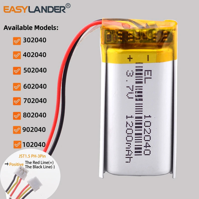 JST1.5mm 3Pin 902040 3.7V 1000mAh 302040 402040 502040 602040 702040 802040 102040 แบตเตอรี่ลิเธียมโ