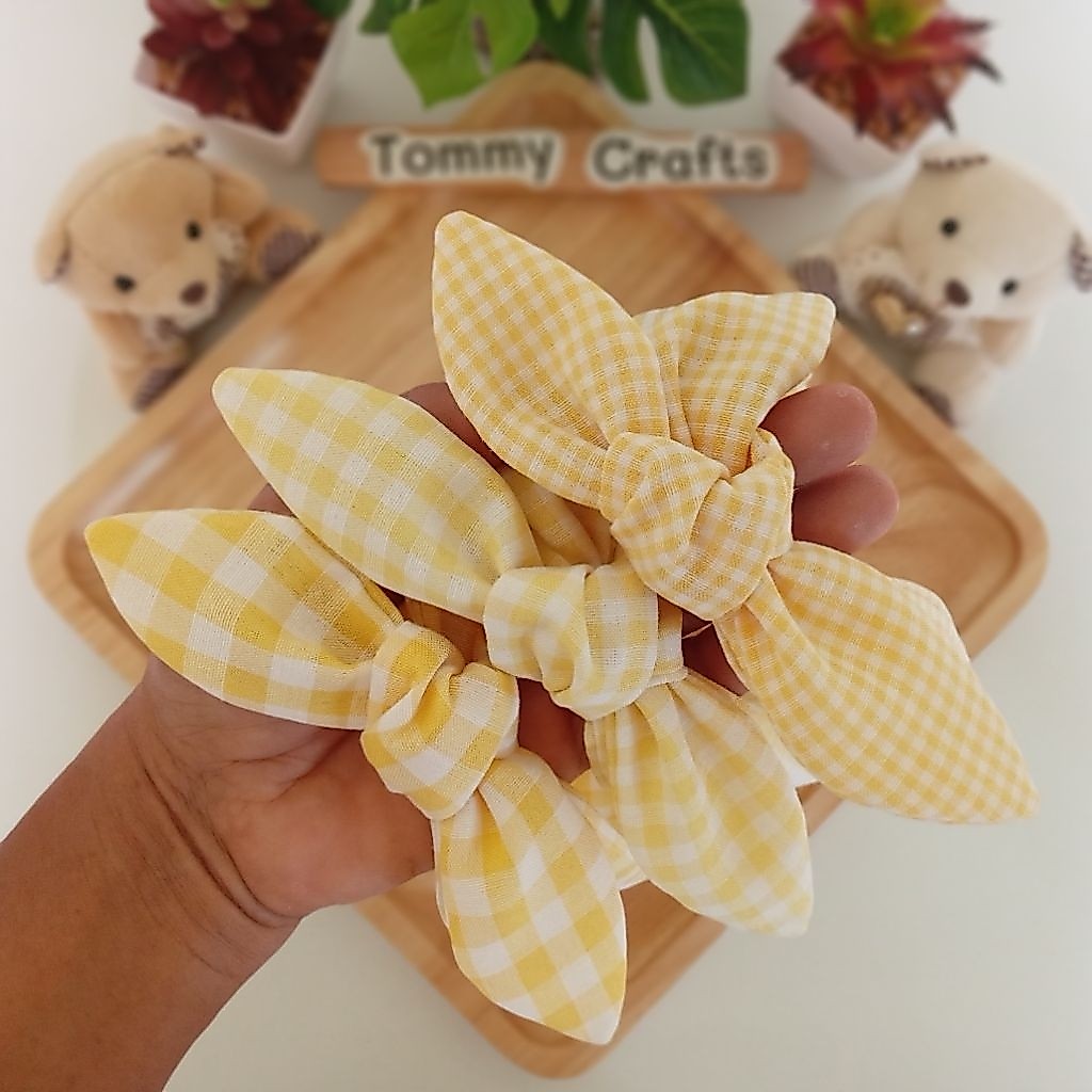 Tommy Crafts ผ้าคาดผมโบว์ผ้าคอตตอน Oxford สีเหลือง ลายตาราง ใหญ่/กลาง/เล็ก ไซส์เด็ก/ไซส์ผู้ใหญ่ Cotton Oxford Hairbands