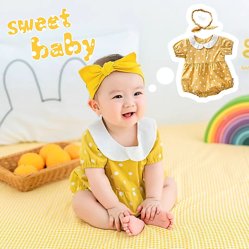 ชุดรอมเปอร์แขนสั้นลายจุดสีเหลืองสำหรับเด็กทารก มาพร้อมที่คาดผมโบว์