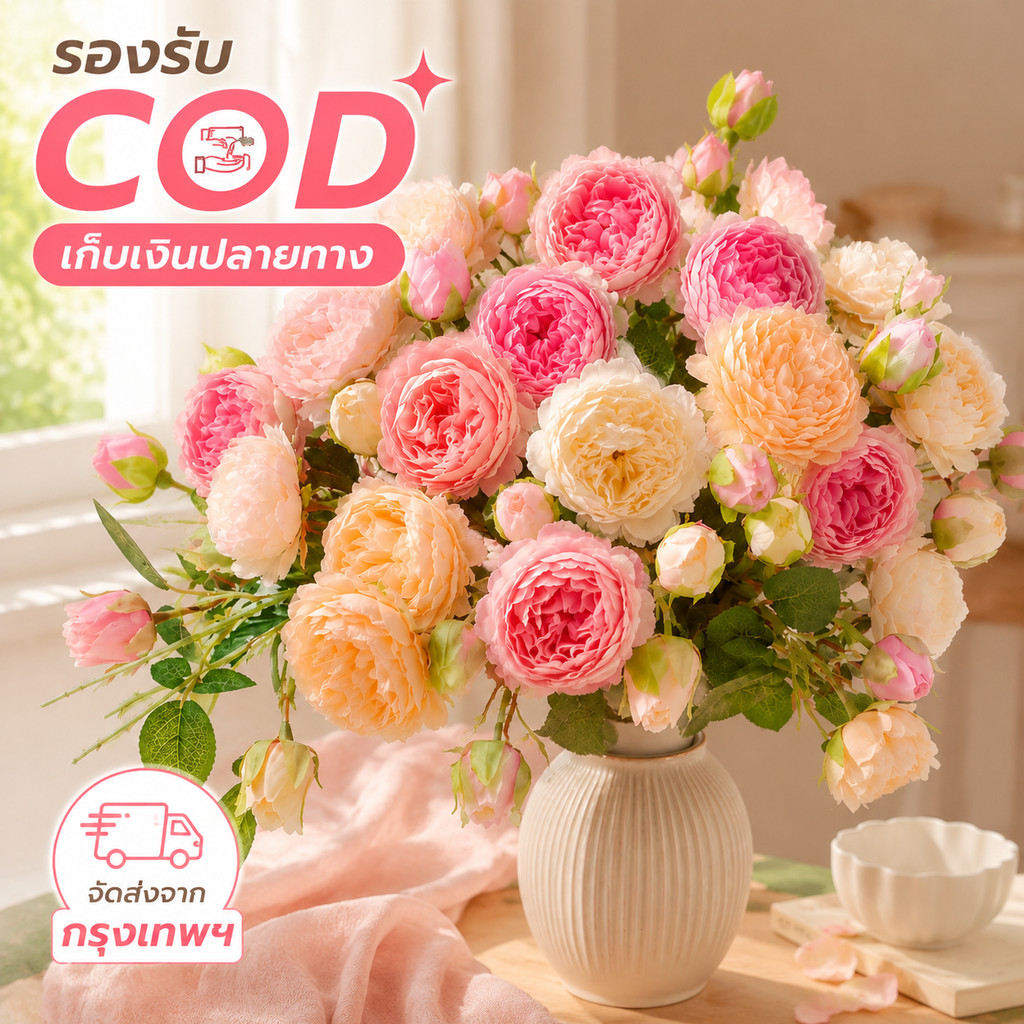 ดอกโบตั๋นประดิษฐ์ ก้านสั้น ดอกไม้ปลอมเหมือนจริง 8 สี สำหรับตกแต่งบ้าน แจกัน ห้องนั่งเล่น งานแต่ง DIY พร้อมส่ง