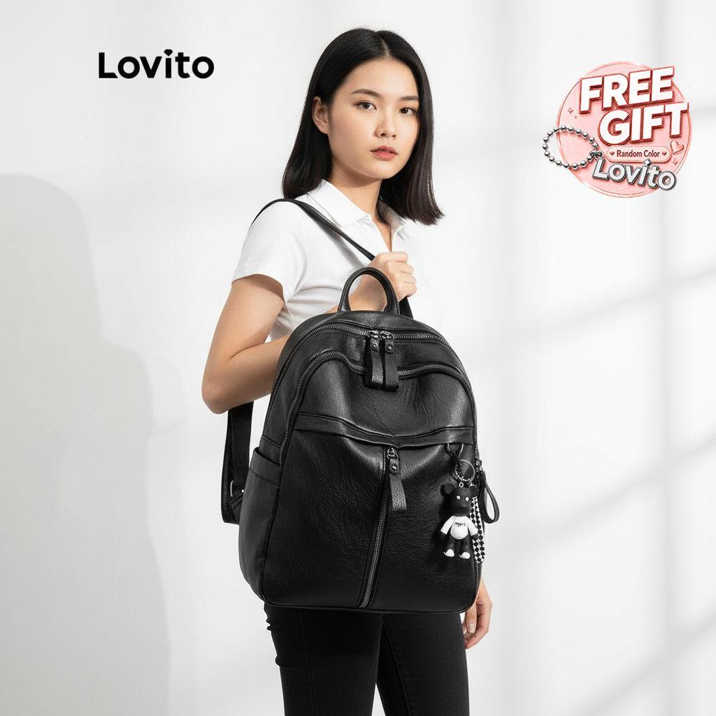 Lovito กระเป๋าเป้ผู้หญิง ดีไซน์เรียบ จุของได้มาก ซิปใช้งานสะดวก LNA09180 (สีดํา)