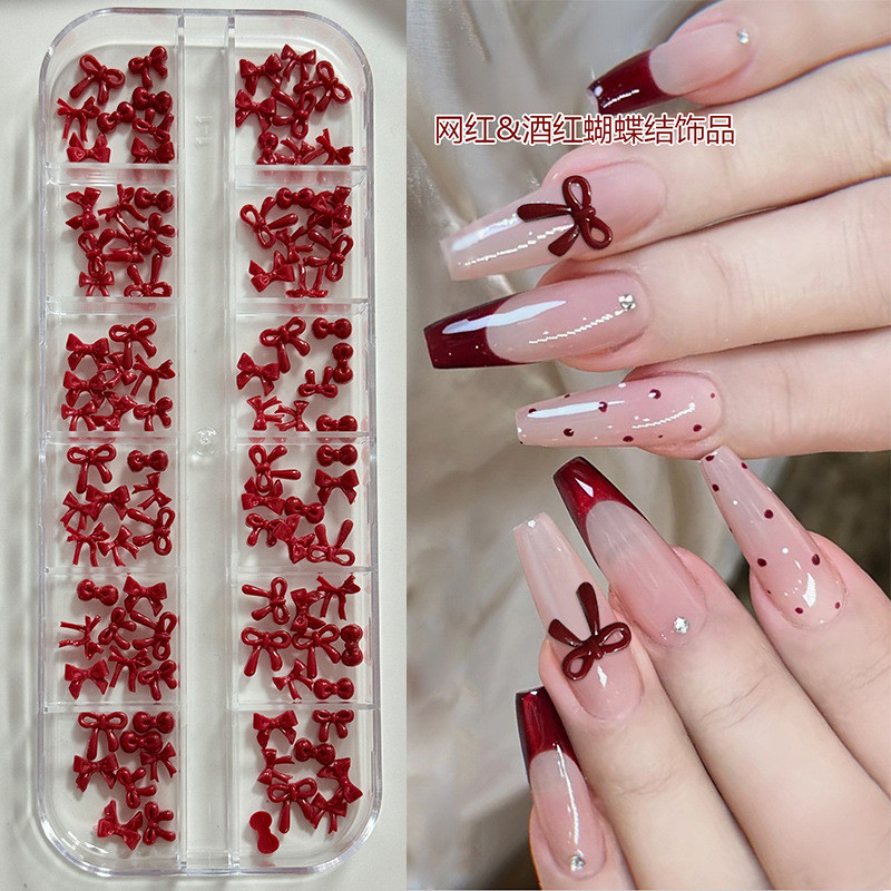 Ankela Red Bow Nail Accessories Christmas Wine Red Stereoscopic Resin Tie Nail Accessories