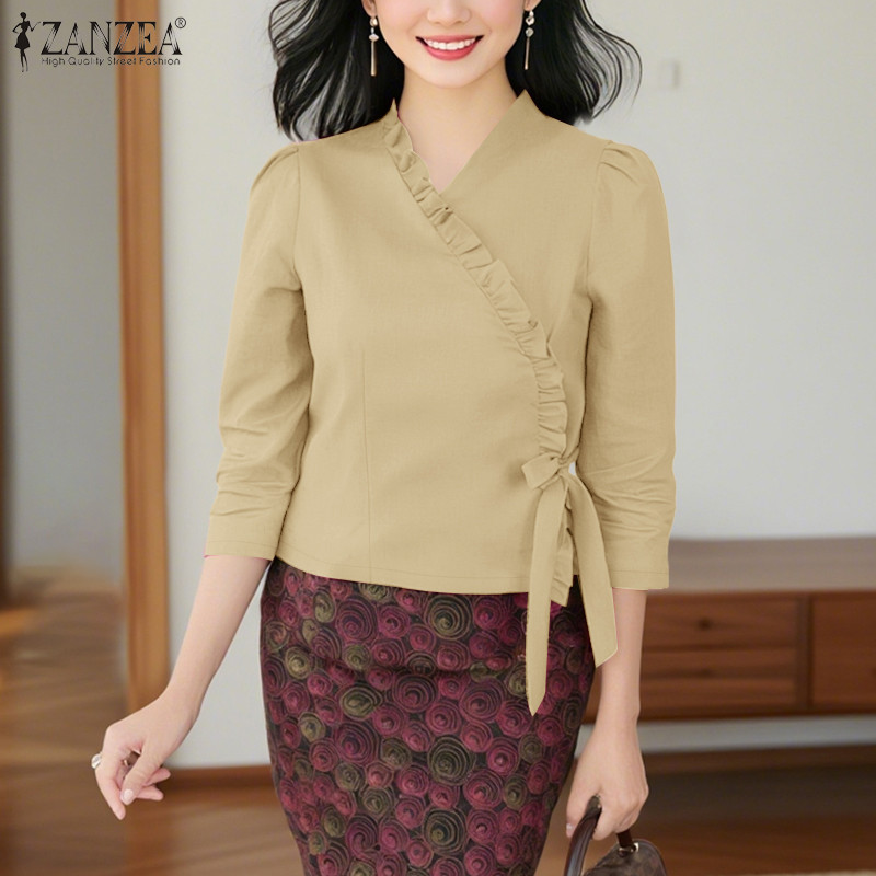ZANZEA เสื้อเบลาส์แฟชั่นสตรี สีทึบ คอวี แขน 3/4 ขอบระบายและสายคาด — صورة 4