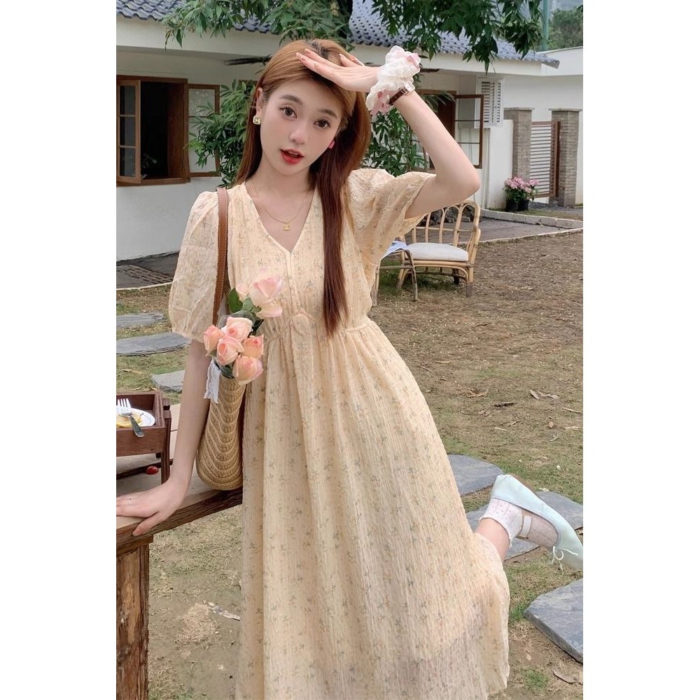 ฝรั่งเศส High-End แขนสั้นดอกไม้ชุดชีฟองผู้หญิงฤดูร้อน 2024 สไตล์ใหม่ขนาดใหญ่หลวม Slimmer ดูกระโปรงยา