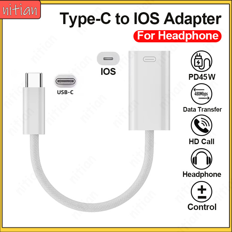 2 in 1 Type C ถึง IOS หูฟังอะแดปเตอร์เสียงพร้อม PD45W Type C สายชาร์จเร็วตัวแปลงถ่ายโอนข้อมูลความเร็วสูงสายเคเบิลข้อมูล Plug And Play