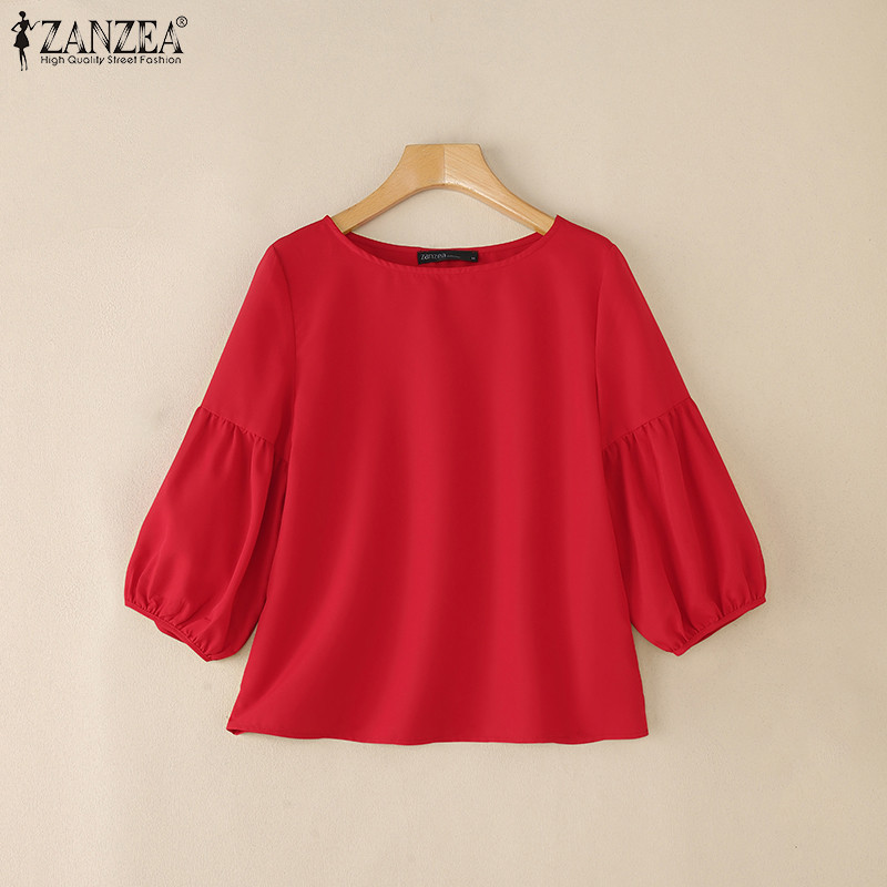 ZANZEA ซานเซีย ผู้หญิงเกาหลีแฟชั่นคอเรือ 3/4 แขนโคมไฟสีทึบเสื้อหลวม