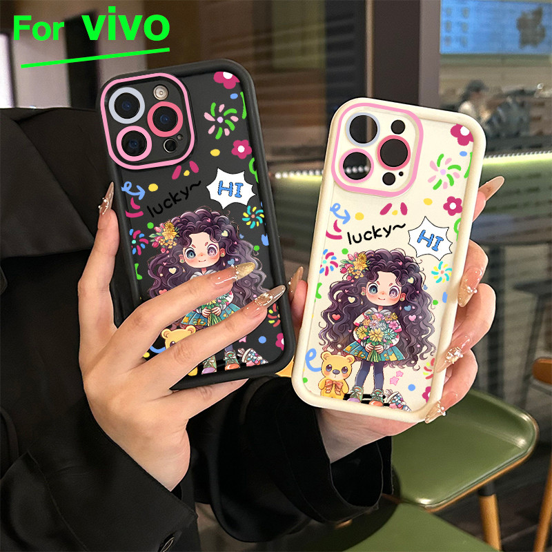 For Vivo เคสโทรศัพท์วิโว่ Y200 Y20 Y20s กรอบเลนส์สีชมพู Y12s Y12A สาวผมหยิก Y17 Y12 Y15 Y11 Y12i Y15A โทรศัพท์ว