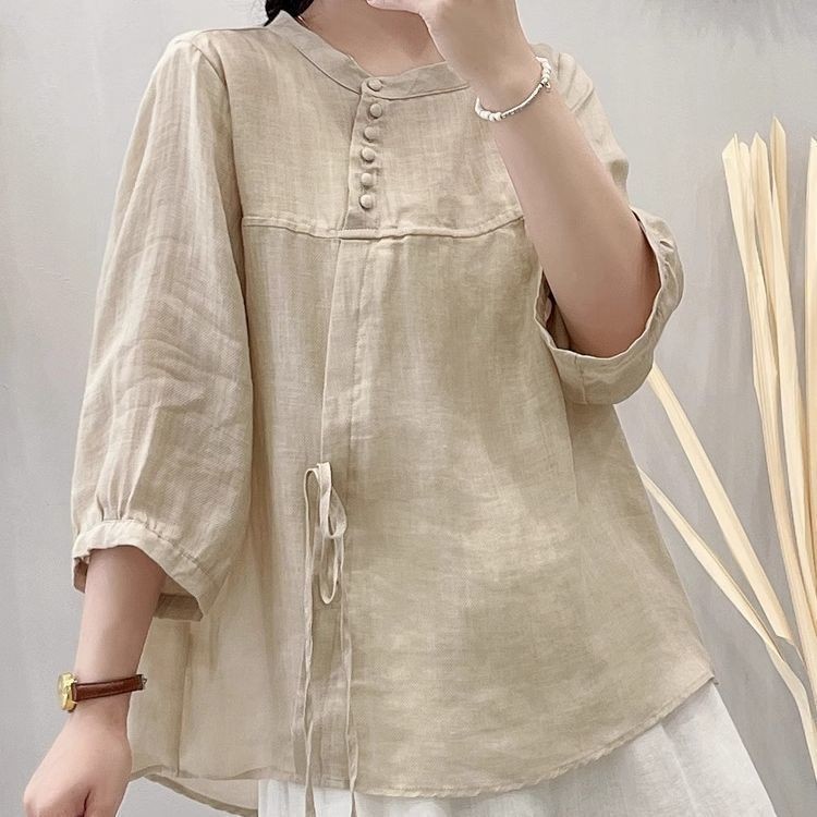 MG 2025 ฤดูร้อน Ramie ห้าจุดแขนเสื้อวรรณกรรม Retro หลวมสไตล์ Slimmer ดู Commuter สไตล์บางผ้าฝ้ายผ้าลินิน Top
