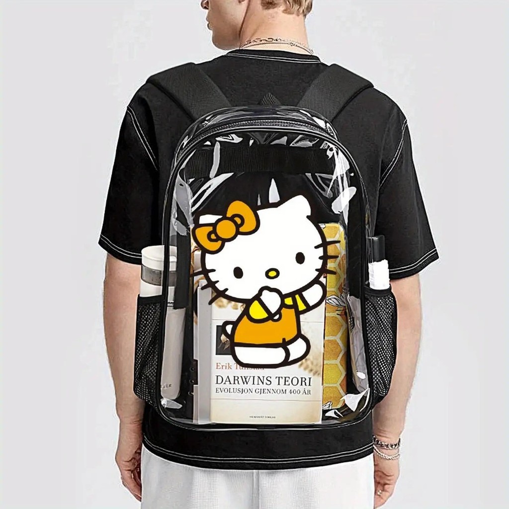 CCC BackpackTransparent Double Backpack-Clear PVC School Backpack with Mesh Pockets, Cute Character 