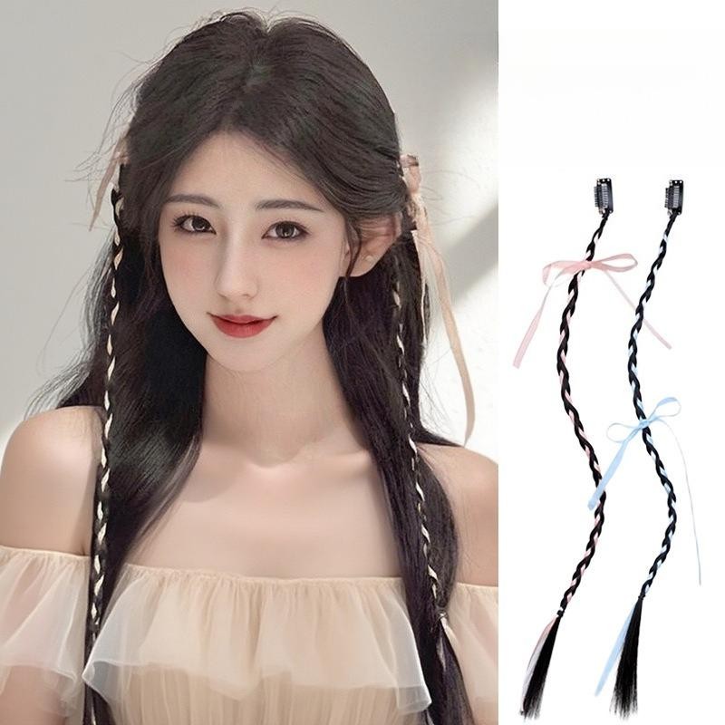 วิกผมสไตล์บัลเล่ต์ Y2K พร้อมริบบิ้นและผมทรง Box Braids สีโดปามีน