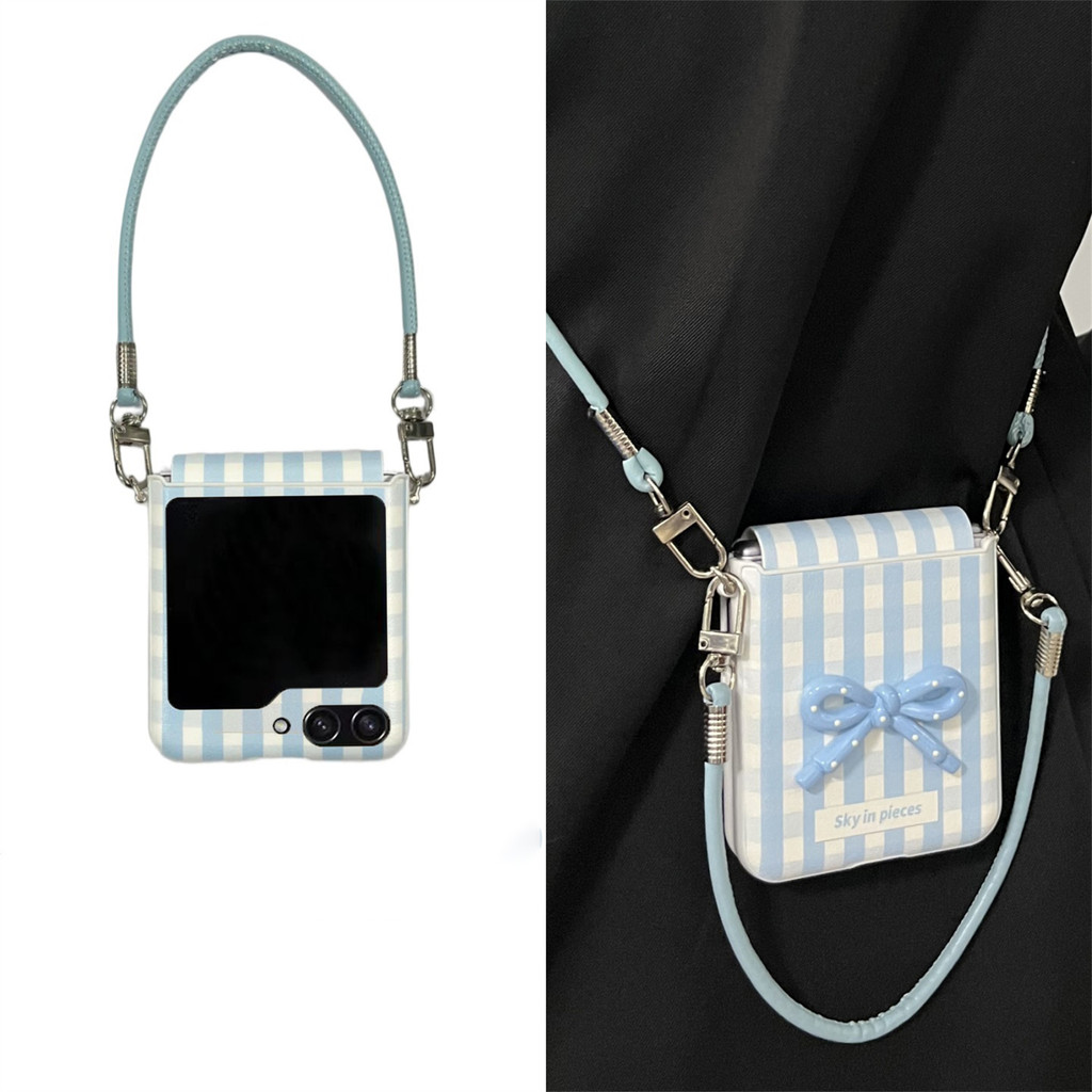 สด 3D โบว์ตาข่ายสีฟ้ารูปแบบเคสโทรศัพท์สายหนังสําหรับ Samsung Galaxy Z Flip 7 Z Flip6 Zflip5 ฝาหลัง