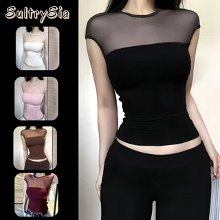 SultrySia สไตล์ลำลอง เซ็กซี่ เสื้อเซ็กซี่ เสื้อยืดแขนสั้น ดีเทลแต่งซีทรูด้านบนน่ารักมาก สีสดใส ยืดพอดี "FY1040"