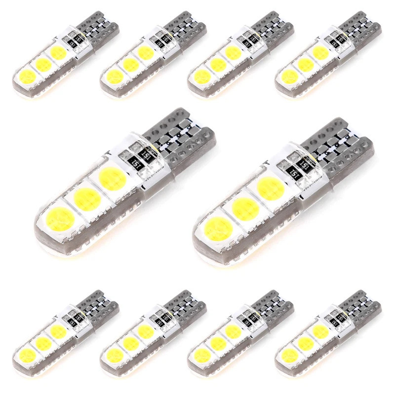 10pcs 12 V ซิลิโคนสีขาว T10 194 W5W T10-5050-6SMD Canbus ยานยนต์ไฟ LED สัญญาณ W5W T10 194 168 W5W CO