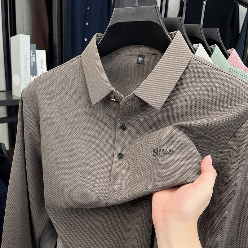 เสื้อโปโลผู้ชายสีทึบ แขนยาวระบายอากาศ สไตล์สำหรับวัยทำงาน ใส่ได้ทุกวัน