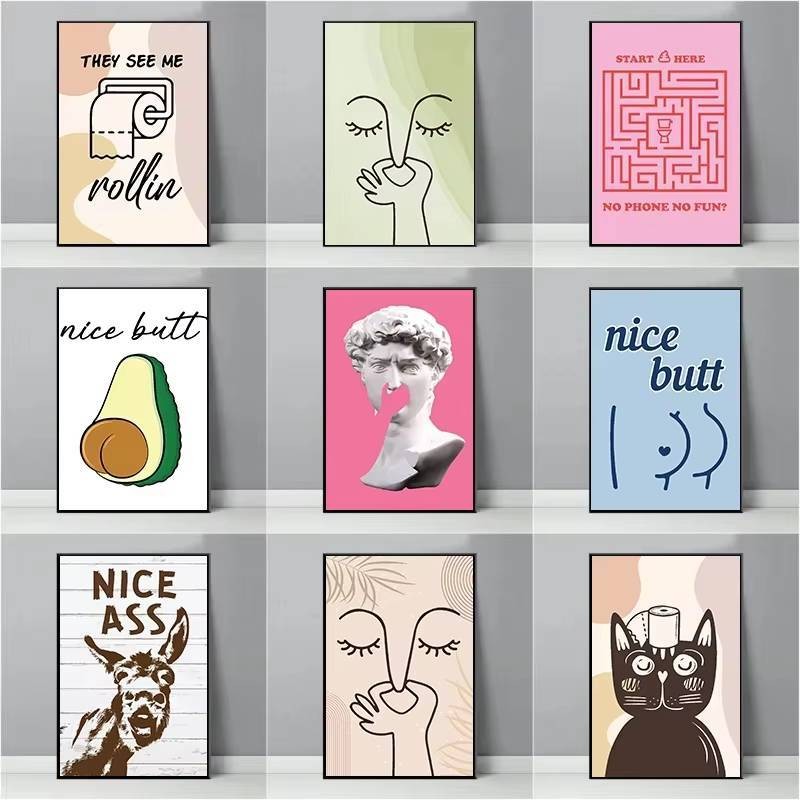 ทิคเคิลจมูกของคุณมินิมอลป้ายห้องน้ําตลกโปสเตอร์ห้องน้ําภาพวาดผ้าใบภาพผนังศิลปะคลาสสิกตกแต่งบ้าน