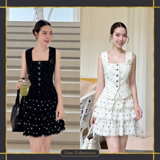 ❥S-XL ชุดเซ็ท ลายจุด เสื้อแขนกุด + กระโปรงระบายชั้นๆ งานป้าย…