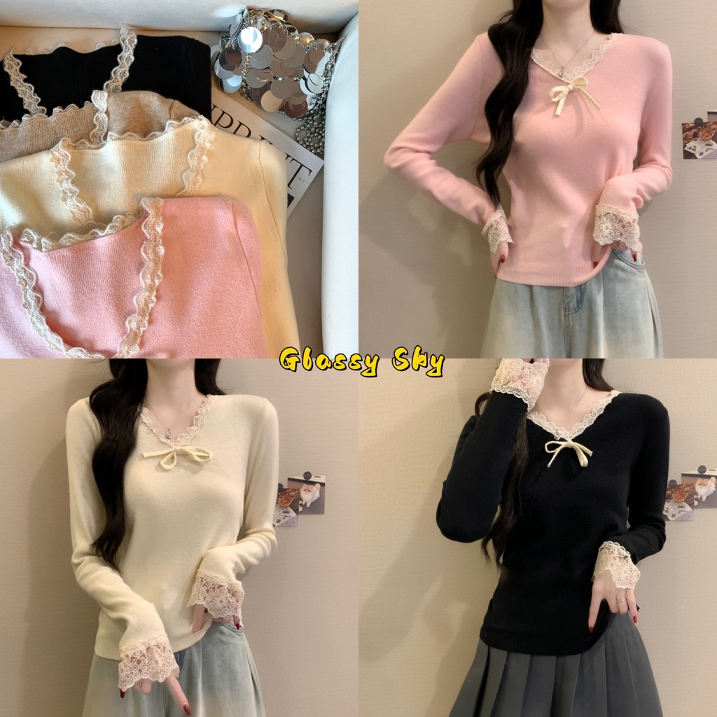 Glassy Sky😜พร้อมส่ง เสื้อไหมพรมแขนยาว คอวี สีพาสเทลน่ารัก สไตล์เกาหลี เสื้อแขนยาวผู้หญิง(W-D144)