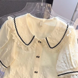 ส่งไวจากไทย🌸Breeze🌸S-2XL เสื้อเชิ้ตผู้หญิงแขนสั้น ฤดูร้อนแบบใหม่ ออกแบบด้วยลูกไม้ หวานแบบฝรั่งเศส แขนฟองน้ำ