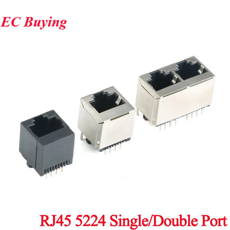 10 ชิ้น/1 ชิ้น RJ45 ซ็อกเก็ตเครือข่ายหญิง 5224 8P8C อินเทอร์เฟซ In-line แนวตั้ง 180 องศาเดี่ยว/คู่พอร์ตแพคเกจเต็มรูปแบบ/พลาสติก