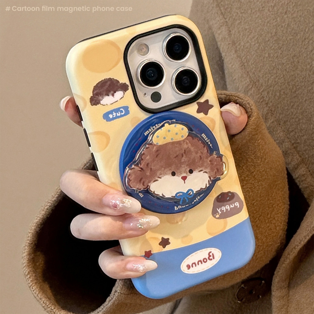 การ์ตูนGraffitiชีสFluffy Puppyขาตั้งแม่เหล็กพับได้IPhone CaseสําหรับIPhone 16 Pro Max 15 14 13 12 11 12 13 MiniกันกระแทกHard PC Matteปกหลัง