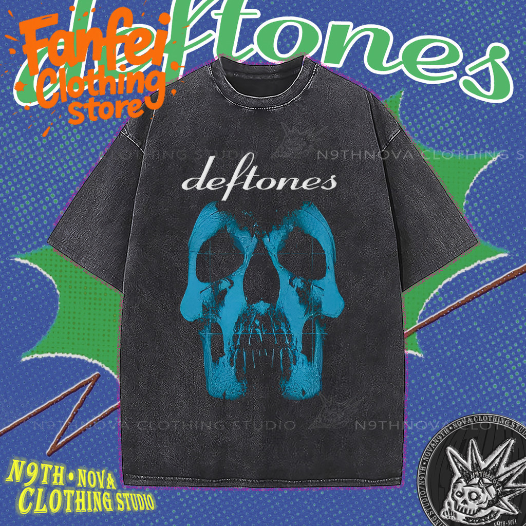 (จัดส่งตลอด 24 ชั่วโมง)Fanfei เสื้อยืดแขนสั้นสีดำลาย Deftones สไตล์ร็อกสุดเท่ พิมพ์ลายหัวกะโหลกสีน้ำเงินสุดแนว