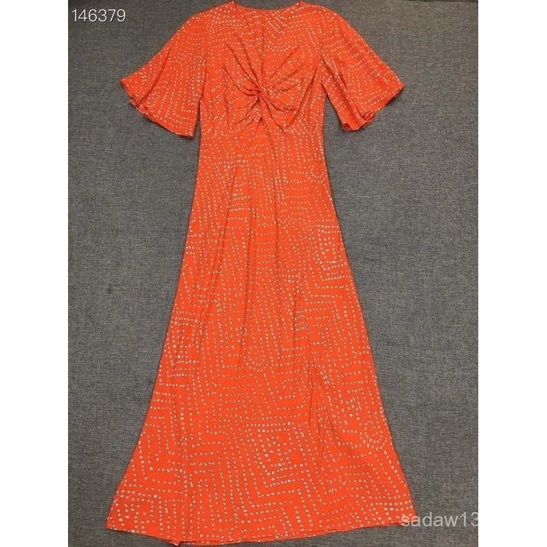 ป้ายเดิม DVF สีส้มสีแดงลายจุดพิมพ์แขนสั้นเอว Cinching Dress ทำจาก Rayon และผ้าไหม