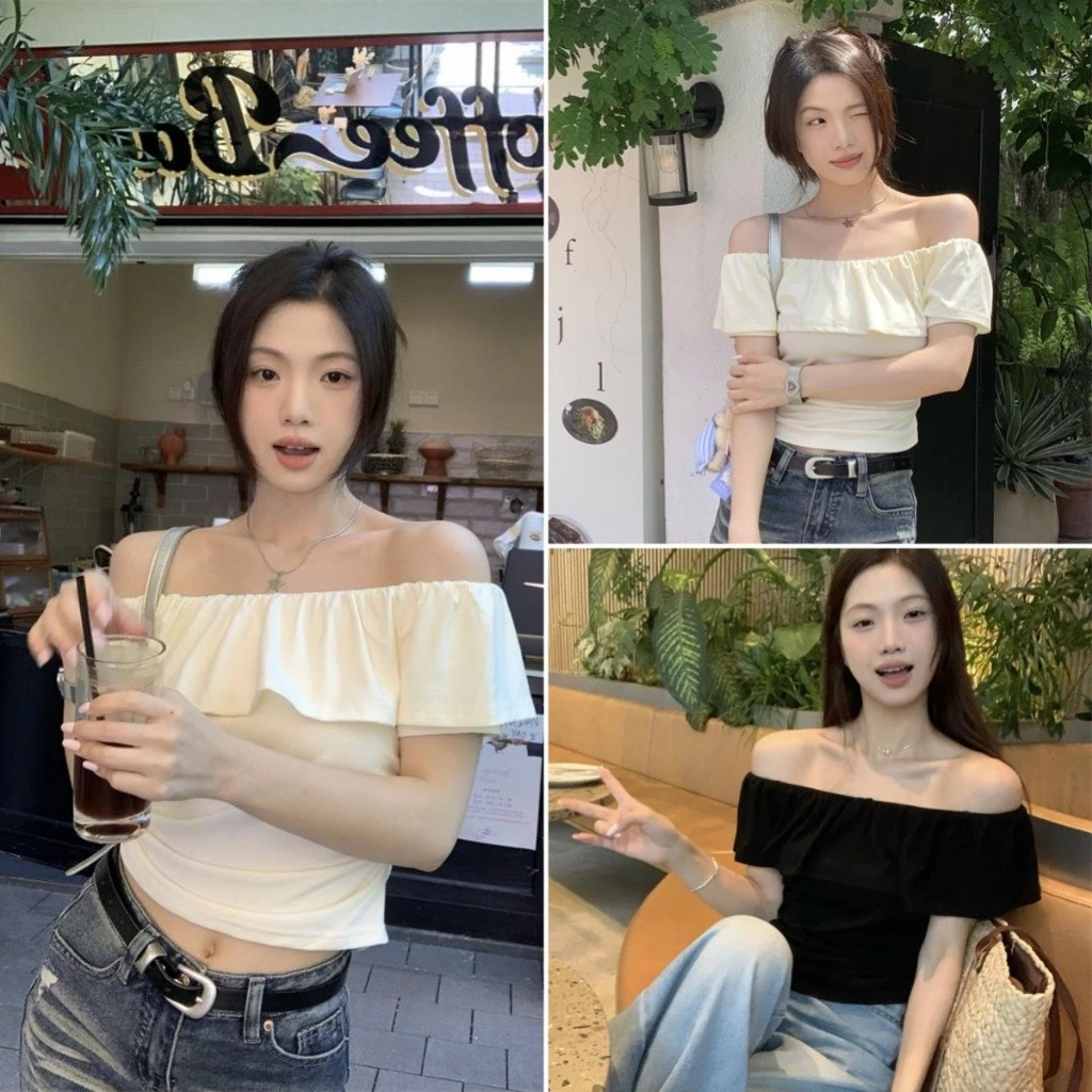 Hotgirl พร้อมส่ง เสื้อยืดปาดไหล่สั้นผู้หญิง เสื้อยืดแฟชั่นผู้หญิง อ่อนโยนแขนสั้น ดีไซน์เก๋ไก้และน่ารัก รุ่นใหม่ล่าสุด