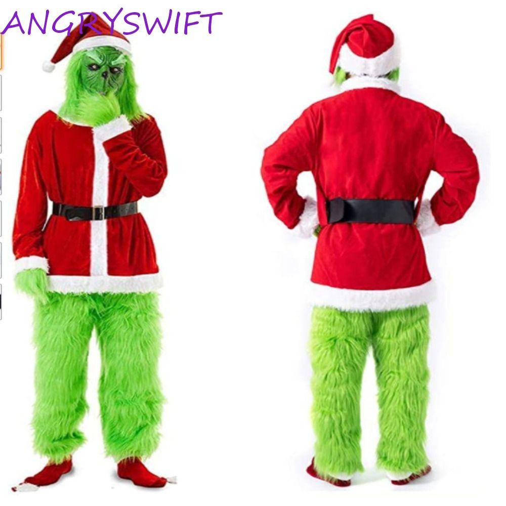 ชุดเครื่องแต่งกายธีม Grinch สีเขียว พร้อมหมวก🎅 และถุงมือหน้ากากยางนุ่มสำหรับครอบหน้าครบเซ็ท CHRISTMA