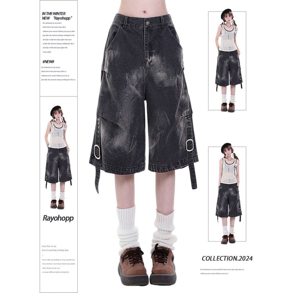 Overalls กางเกงขาสั้นผ้ายีนส์ผู้หญิงฤดูร้อนอเมริกัน Hip-Hop hiphop Tie-Dye Lace-Up ตกแต่ง Distressed