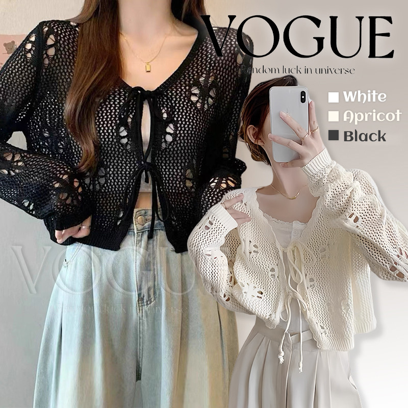 Vogue🌟พร้อมส่ง🌟 เสื้อคาร์ดิแกนแขนยาวสีใส ผ้าบางเบาซีทรู ผูกเชือกเก๋ๆ เป็นเสื้อกันแดดได้ (31056)