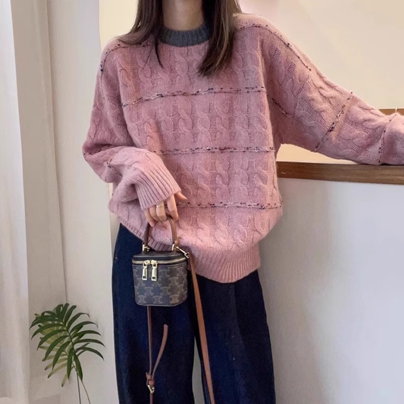 【Ready Stock】 Soft Glutinous Contrast Color Striped Raccoon Velvet Sweater Women's Autumn Clothing W