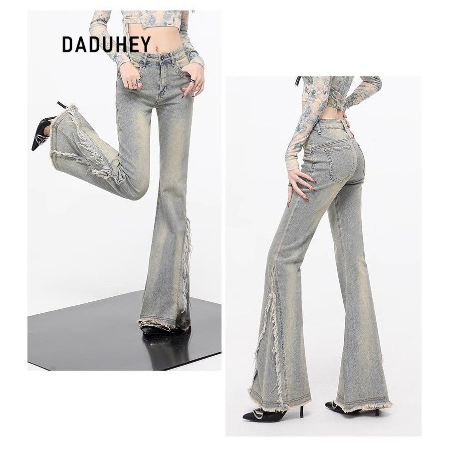 DaDuHey Flared Jeans Women's American Retro High Waist Raw Hem Stitching Design Sense Slimming Trousers | 1968