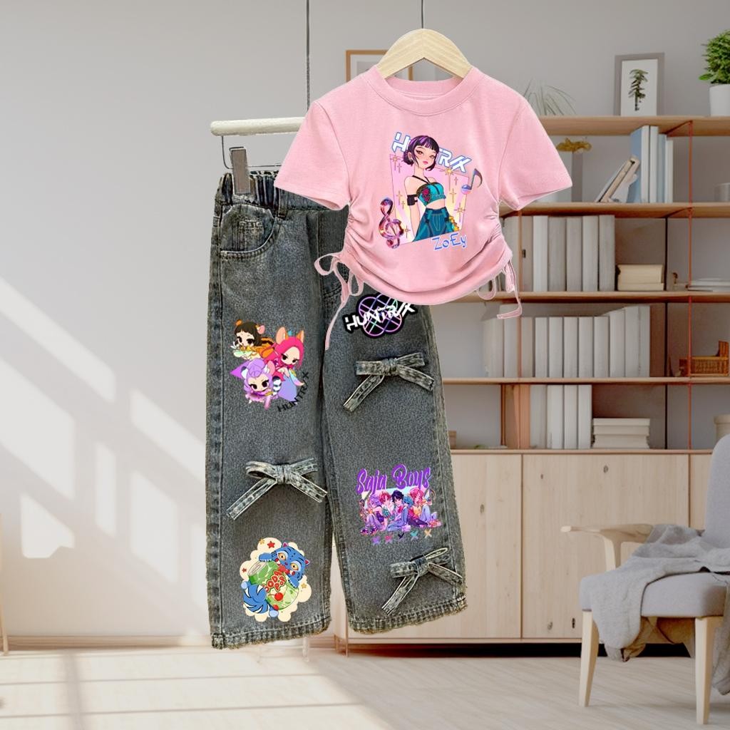 PINKชุดเซ็ทเด็ก2ชิ้น เสื้อผูกโบว์ข้างลายZoEy+กางเกงยีนส์แท้ สกรีนลายแต่งโบว์ 02#