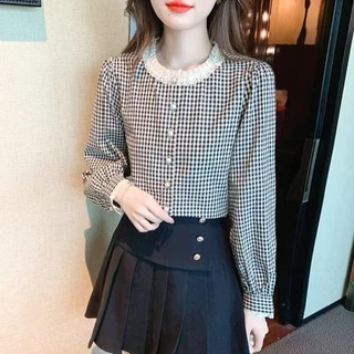 Chili Koko เสื้อเชิ้ต ลายสก็อต สไตล์เรโทรฝรั่งเศส คอกลม ลูกไม้ระดับไฮเอนด์ สำหรับผู้หญิง แขนยาว เสื้อเรียบหรู 99217