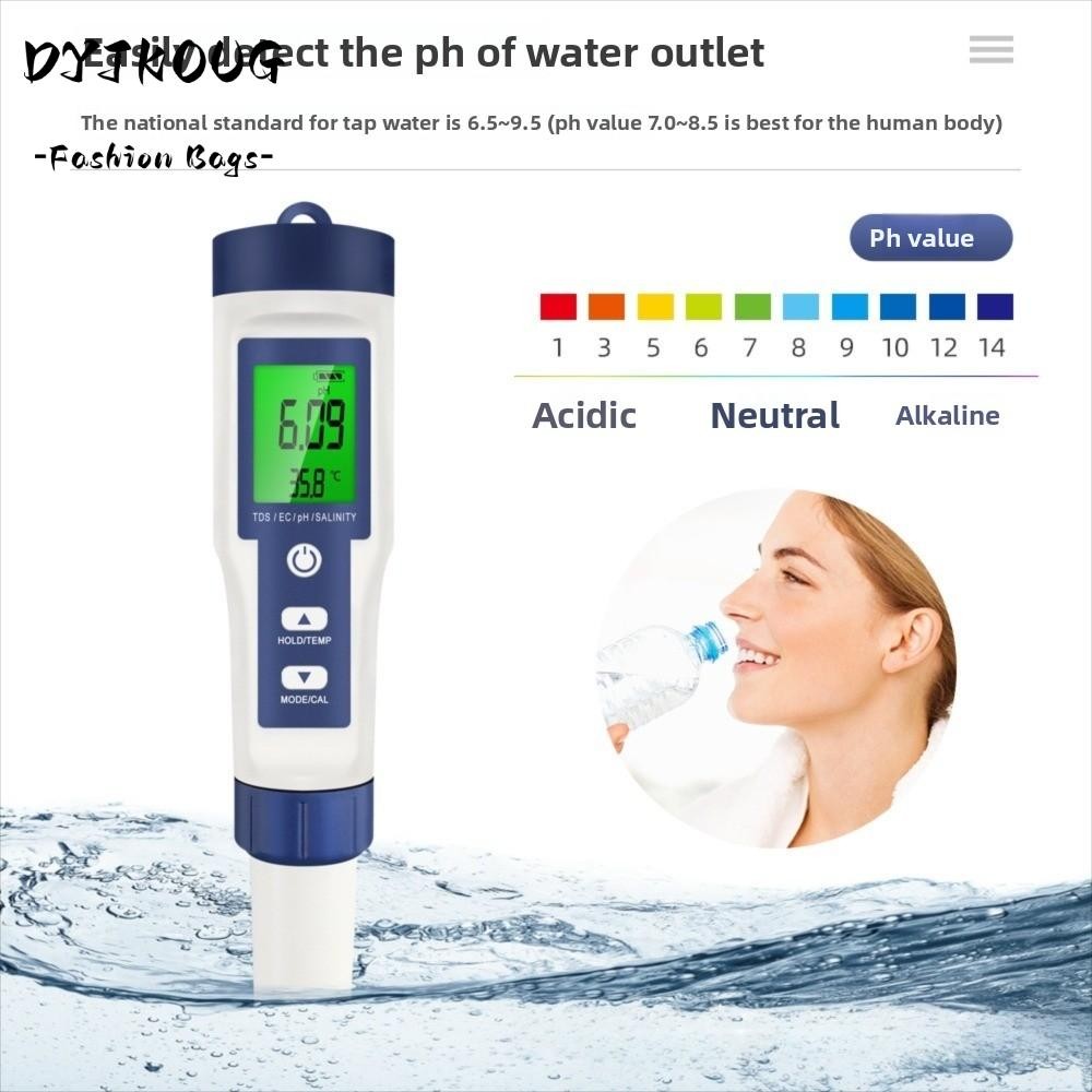 DYJKOUG Digital TDS Meter, 5 in 1 TDS/EC/PH/ความเค็ม/เครื่องทดสอบคุณภาพน้ําอุณหภูมิ, Multi-Parameter
