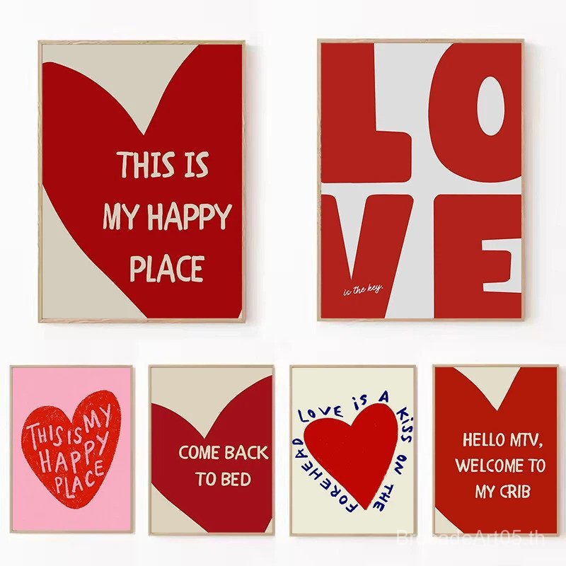 Retro นี่คือ My Happy Place ผ้าใบพิมพ์ Red Love Wall Art โปสเตอร์สําหรับห้องนั่งเล่นที่ทันสมัยห้องนอ