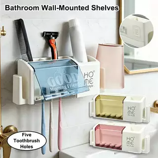 SKTH ห้ารูผู้ถือแปรงสีฟันติดผนังห้องน้ํา Ra Organizer ชั้นวางอเนกประสงค์สําหรับยาสีฟันแปรงอุปกรณ์เสริม SKK