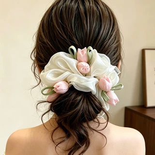 เกาหลีหวานโบว์ผูกผมสําหรับผู้หญิงอ่อนโยนต่ําบุญผมหางม้า Scrunchie เครื่องประดับผม