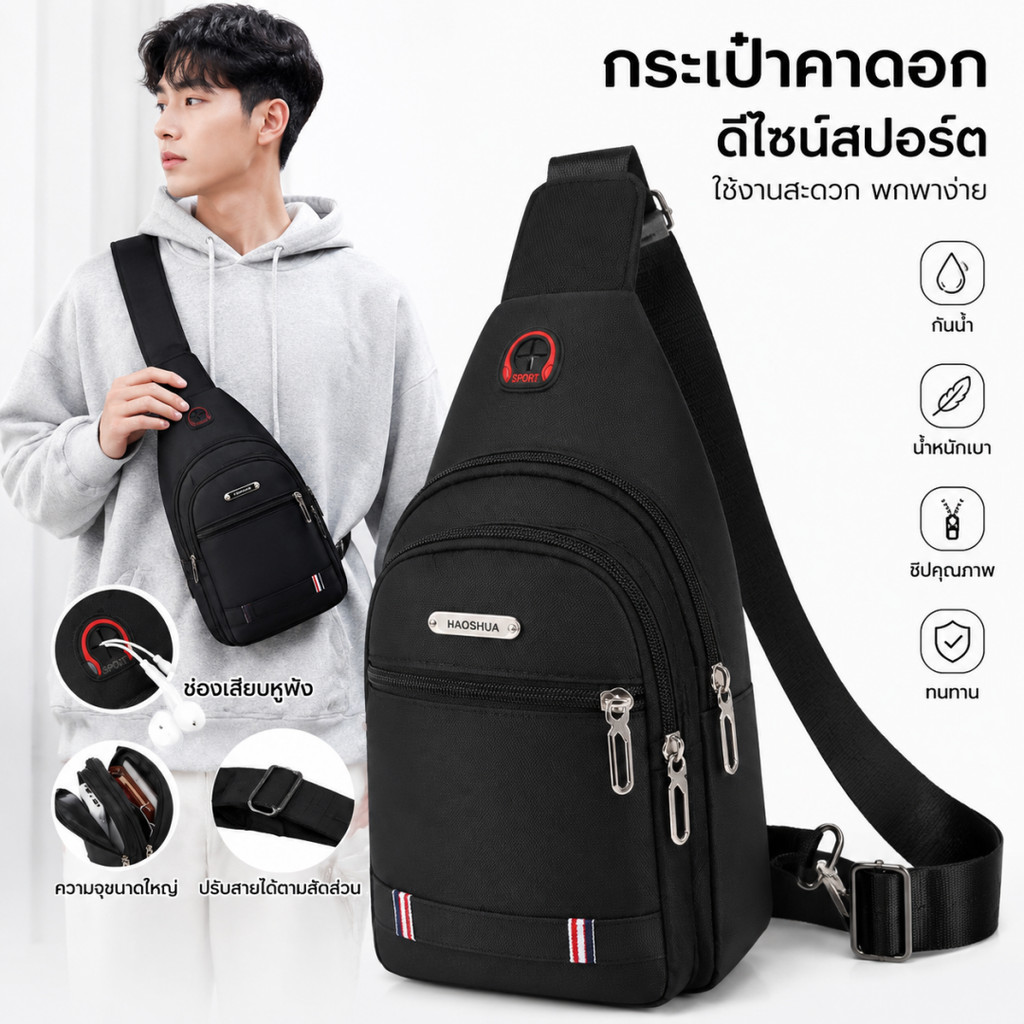 กระเป๋าแมสเซนเจอร์กันน้ำผู้ชาย มีรูหูฟัง หลายช่อง สะพายไหล่ลำลอง กระเป๋าคาดหน้าอก