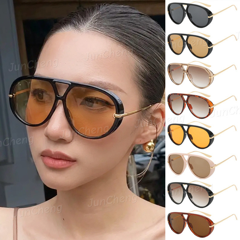 Double Bridge Pilot กรอบใหญ่แว่นตากันแดดสําหรับผู้หญิงผู้ชาย Retro Shades โลหะสีไล่ระดับสีเลนส์แฟชั่นแว่นตาขับรถชายหาดหลายสี UV ทน