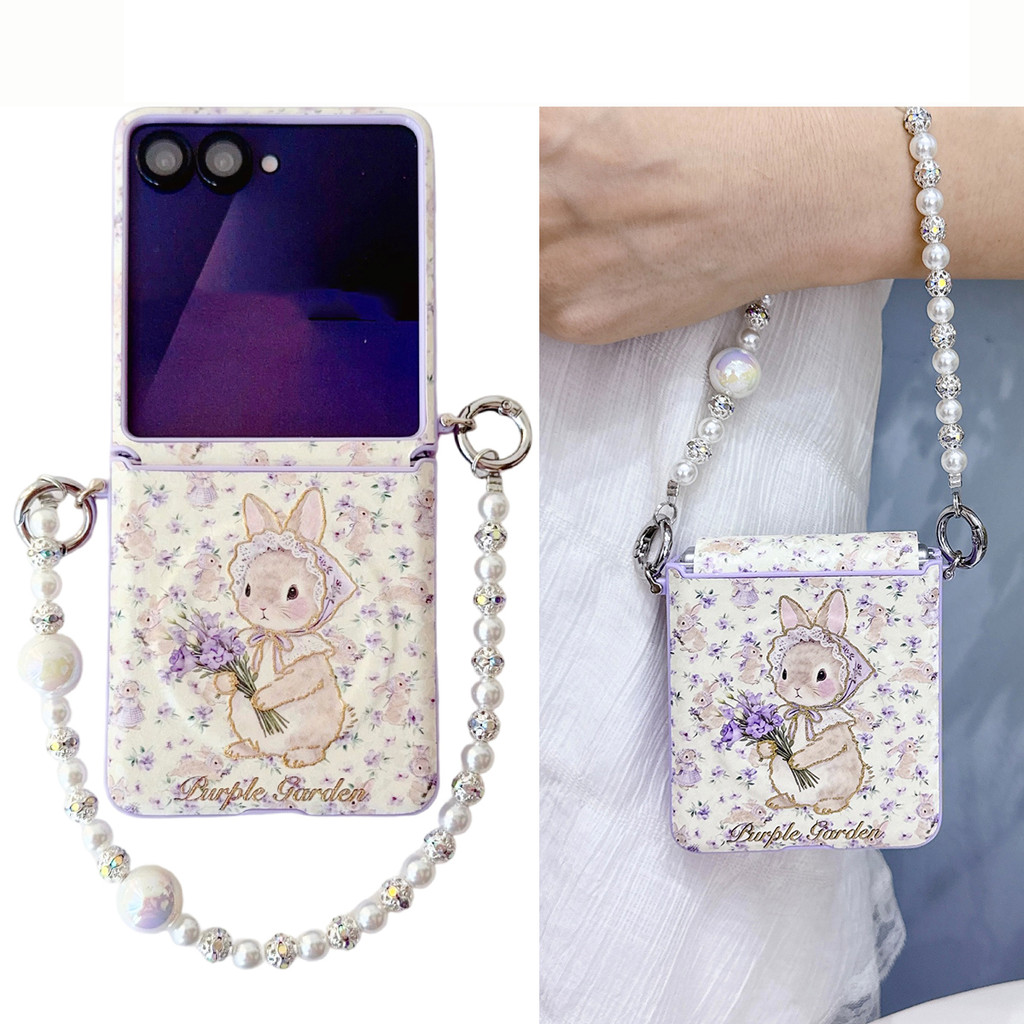 สร้อยข้อมือดอกเคมีเลียกระต่ายดอกไม้แม่เหล็กสีม่วงสดเหมาะสําหรับเคสโทรศัพท์มือถือ Samsung ZFlip7/6/5/4/3 ใหม่