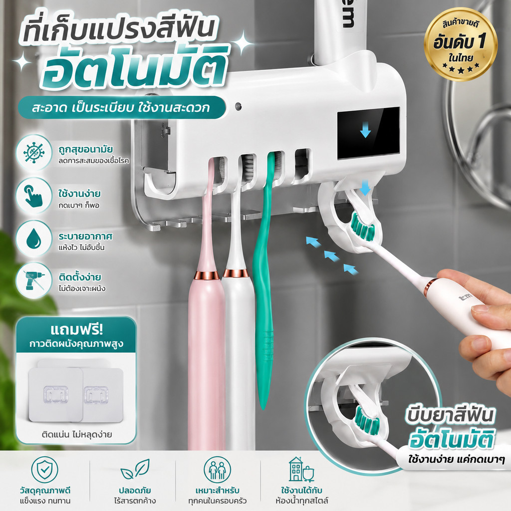 ZJ HOME ที่บีบยาสีฟันอัตโนมัติ มาพร้อมระบบฆ่าเชื้อด้วย UV อุปกรณ์เก็บแปรงสีฟัน ที่บีบยาสีฟัน กล่องใส่แปรงสีฟัน