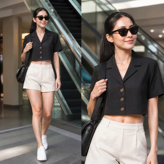 เสื้อครอปเบลเซอร์แขนสั้น S-2XL กระดุม 3 เม็ด มินิมอล ทรงสวย ผ้าคอตตอน สไตล์เกาหลี