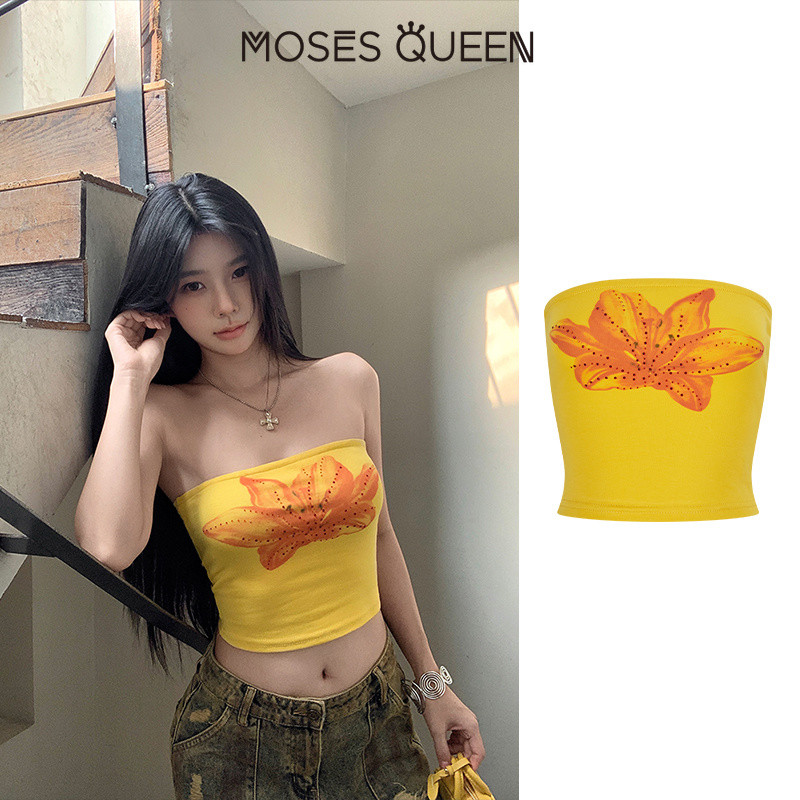MOSESQUEEN เสื้อเบลาส์พิมพ์ลายลูกปัดคอปีนประดับล้วนๆสําหรับผู้หญิงใส่เป็นการตัดเย็บด้านนอก เสื้อท็อปกระชับหน้าอก เก๋ๆ สําหรับผู้หญิง #63731