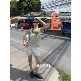 ❤ 🧵 🇰🇷 SU345 สายเดี่ยวเลเยอร์ดีไซน์เก๋ (งานเย็บติด) แต่งลูกปัดด้สนหลัง ใส่แล้วดูมีสไตล แฟชั่นเกาหลี TAG MM Fish 🧡